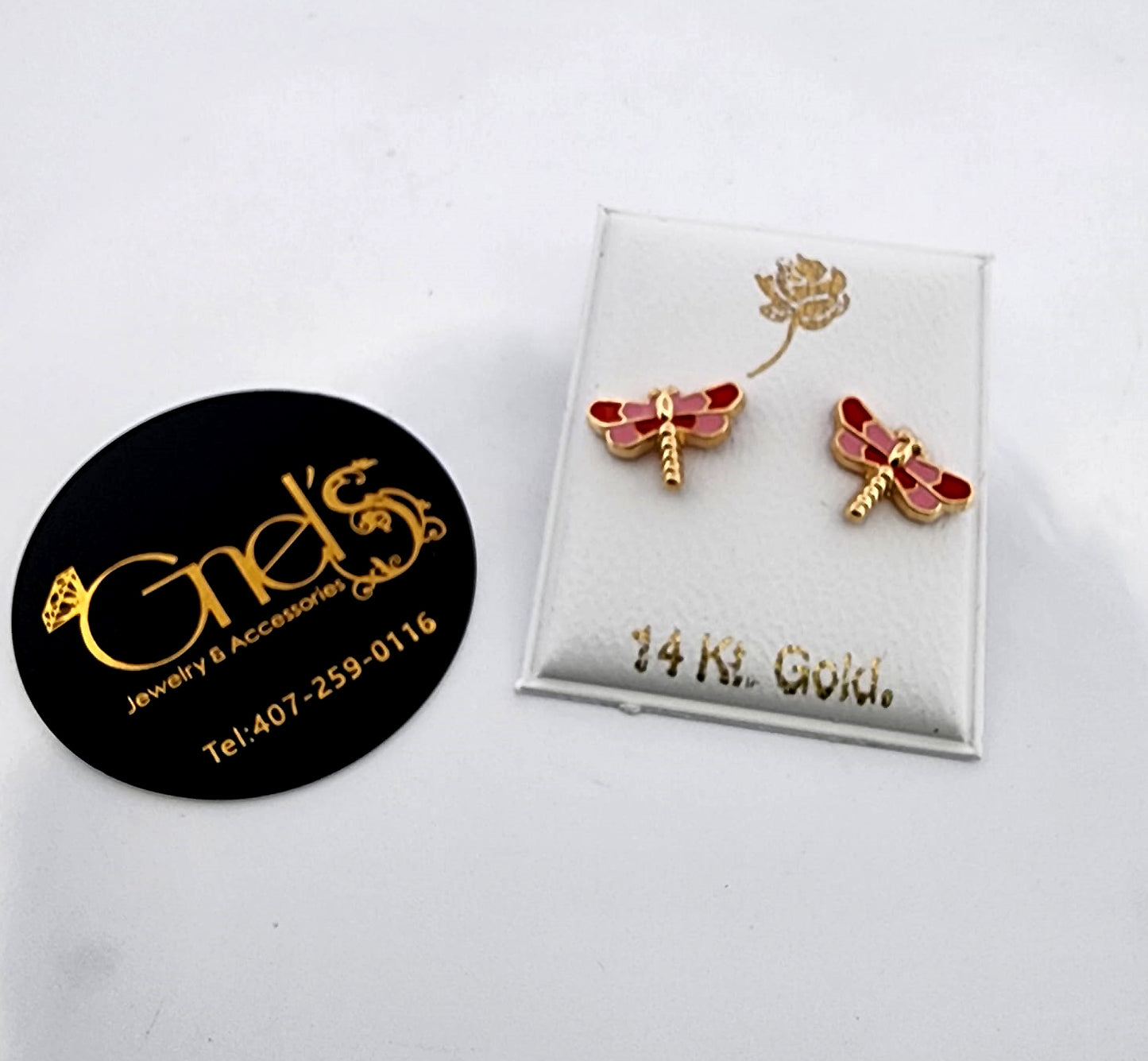 14K Solid Yellow Gold Dragon Fly Stud Screwback