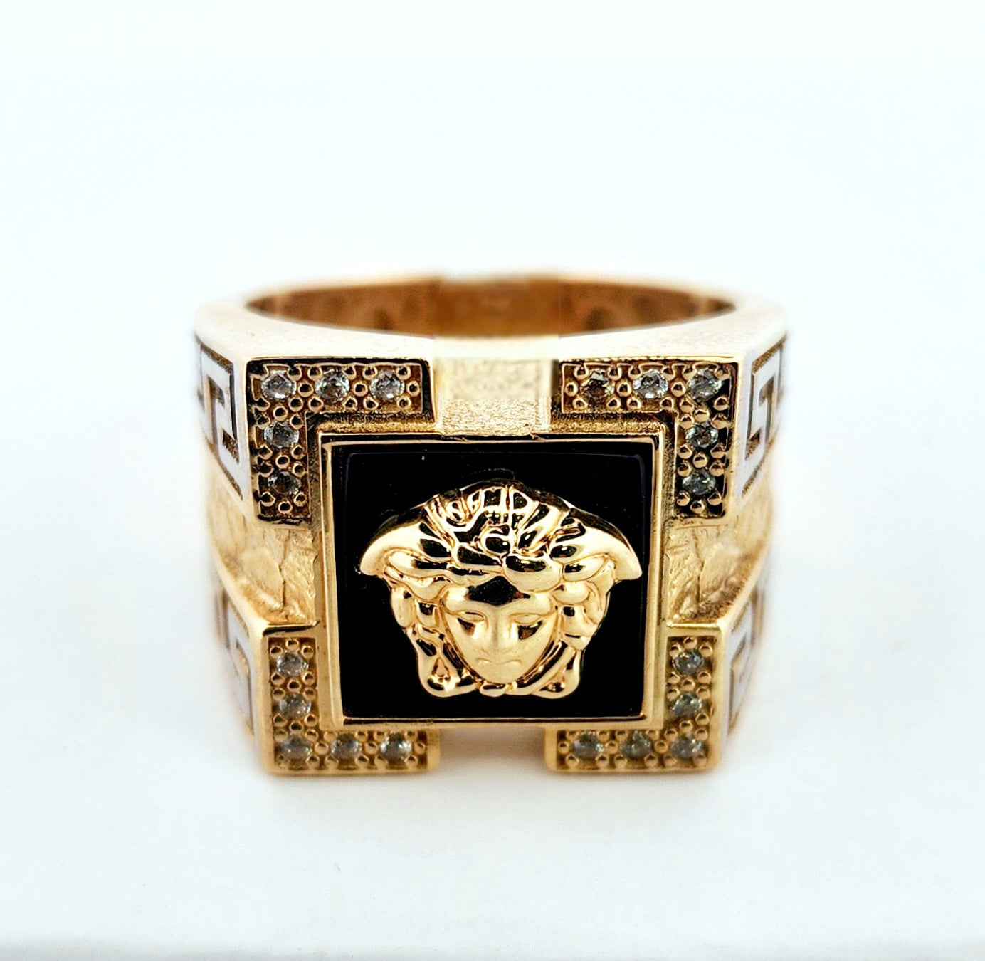 Man's 14k Circular blue stone versace ring