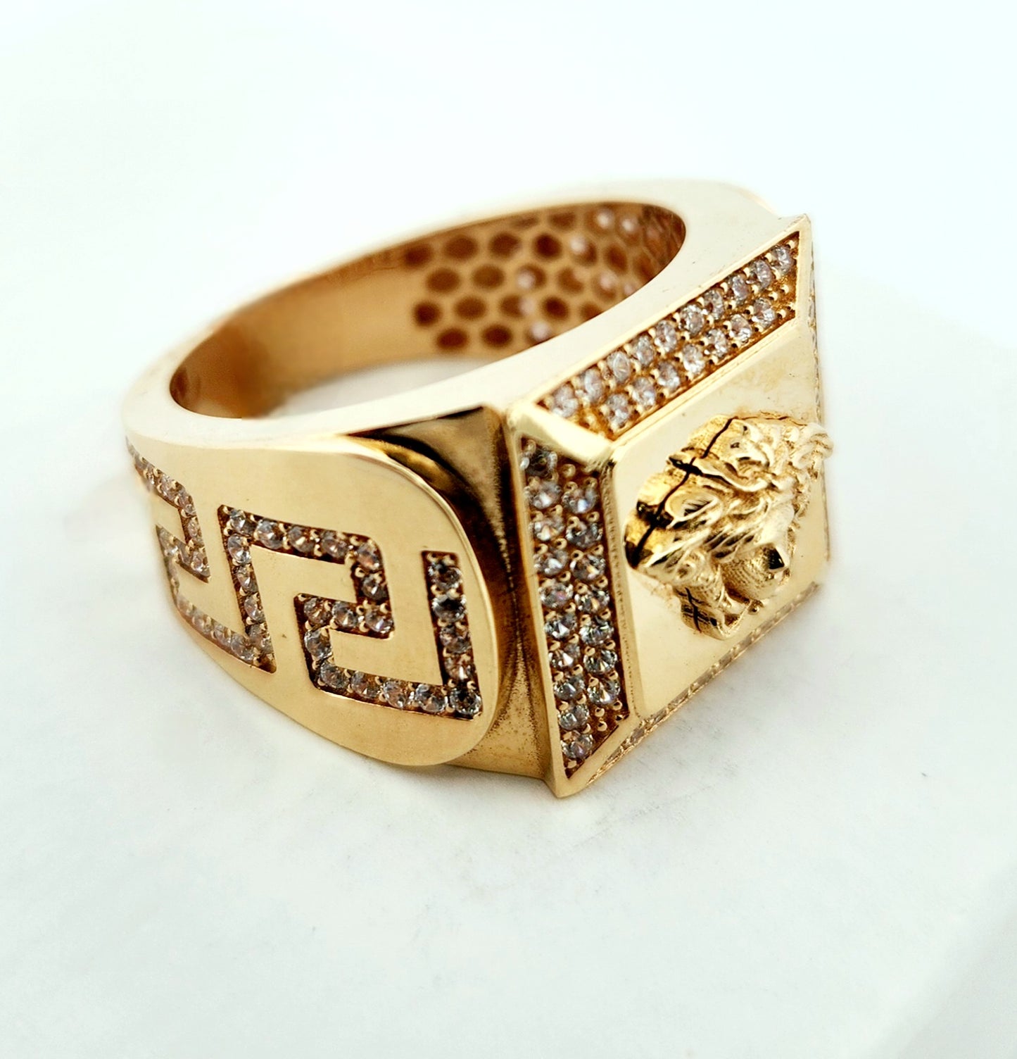 Man's 18k square medusa head ring