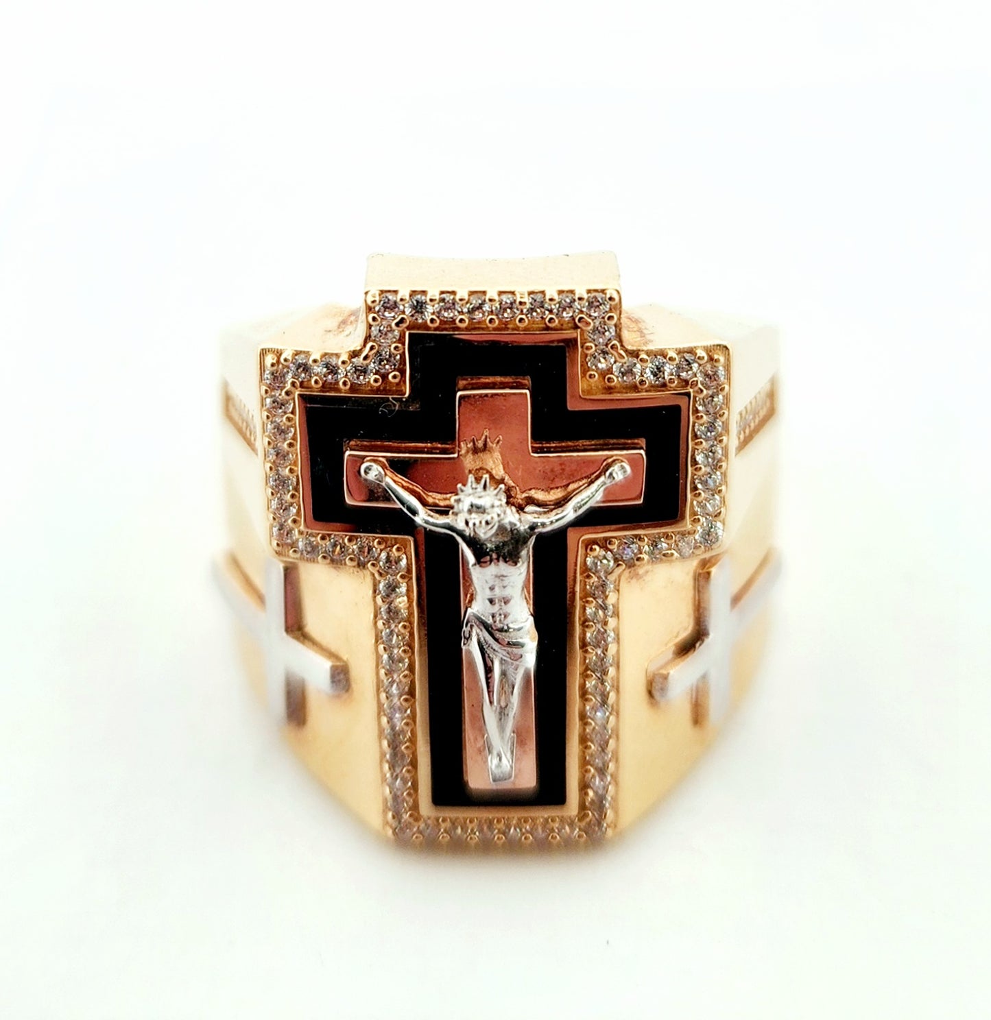 Man's 18k Jesus cross ring/zircon stones