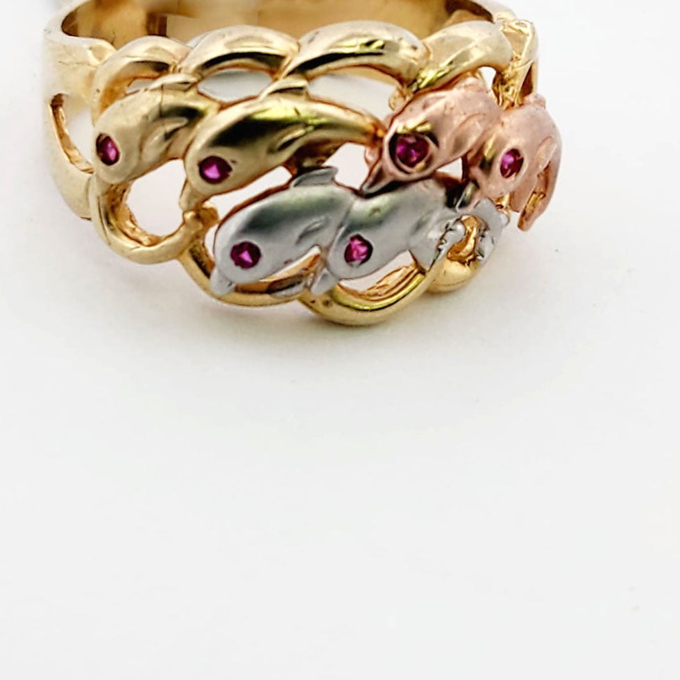 14K WOMEN 3 TONE DOLPHINS RING.