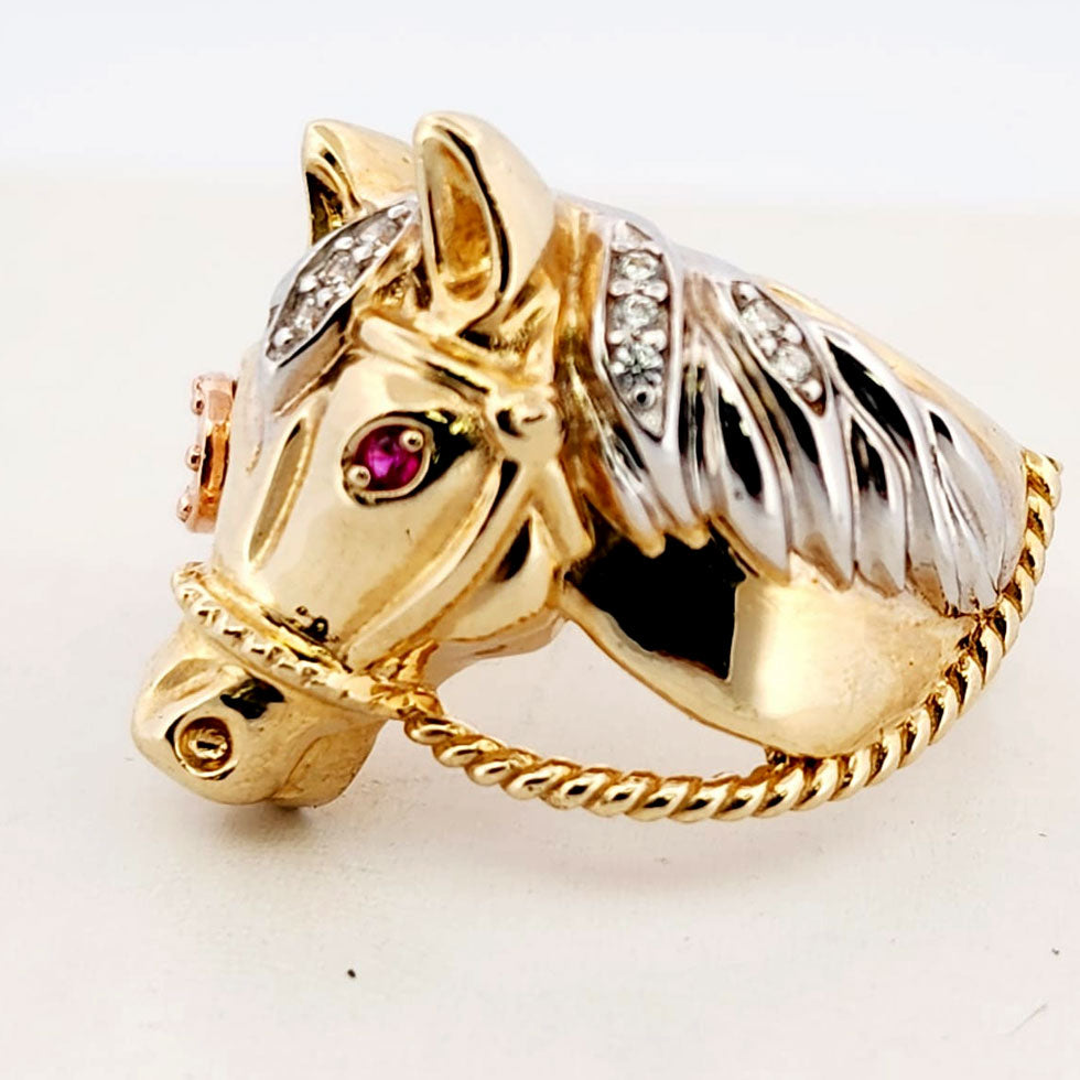 MEN'S 14K HORSE RING 2 TONE WHITE/YELLOW. GOLD
