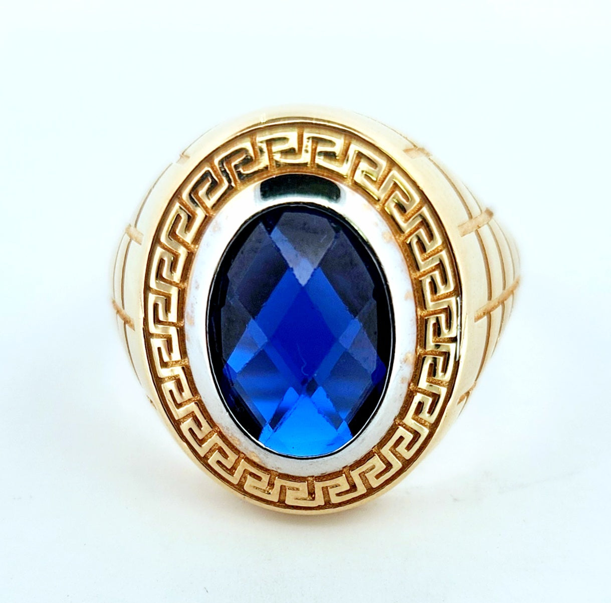 Man's 14k Circular blue stone versace ring