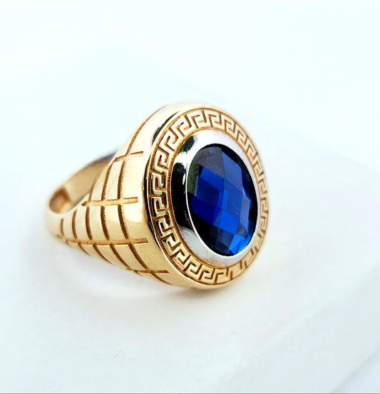 Man's 14k Circular blue stone versace ring