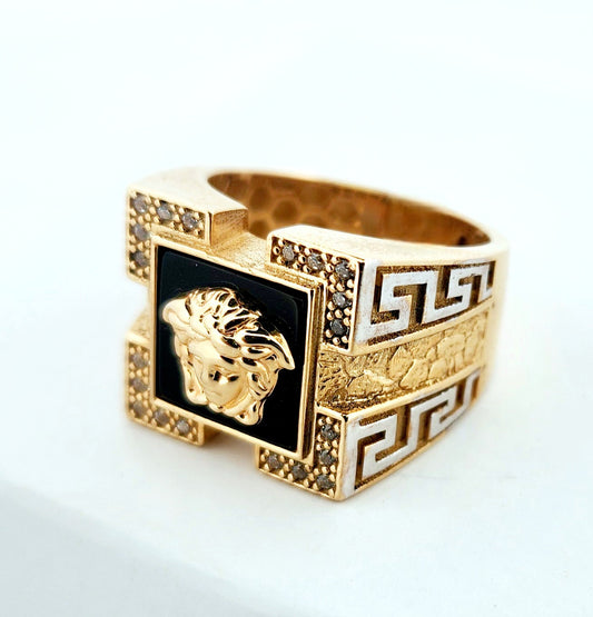 Man's 14k Circular blue stone versace ring