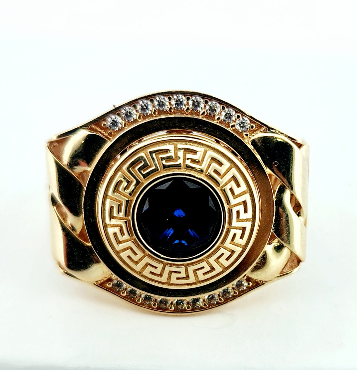 Man's 14k Circular blue stone versace ring
