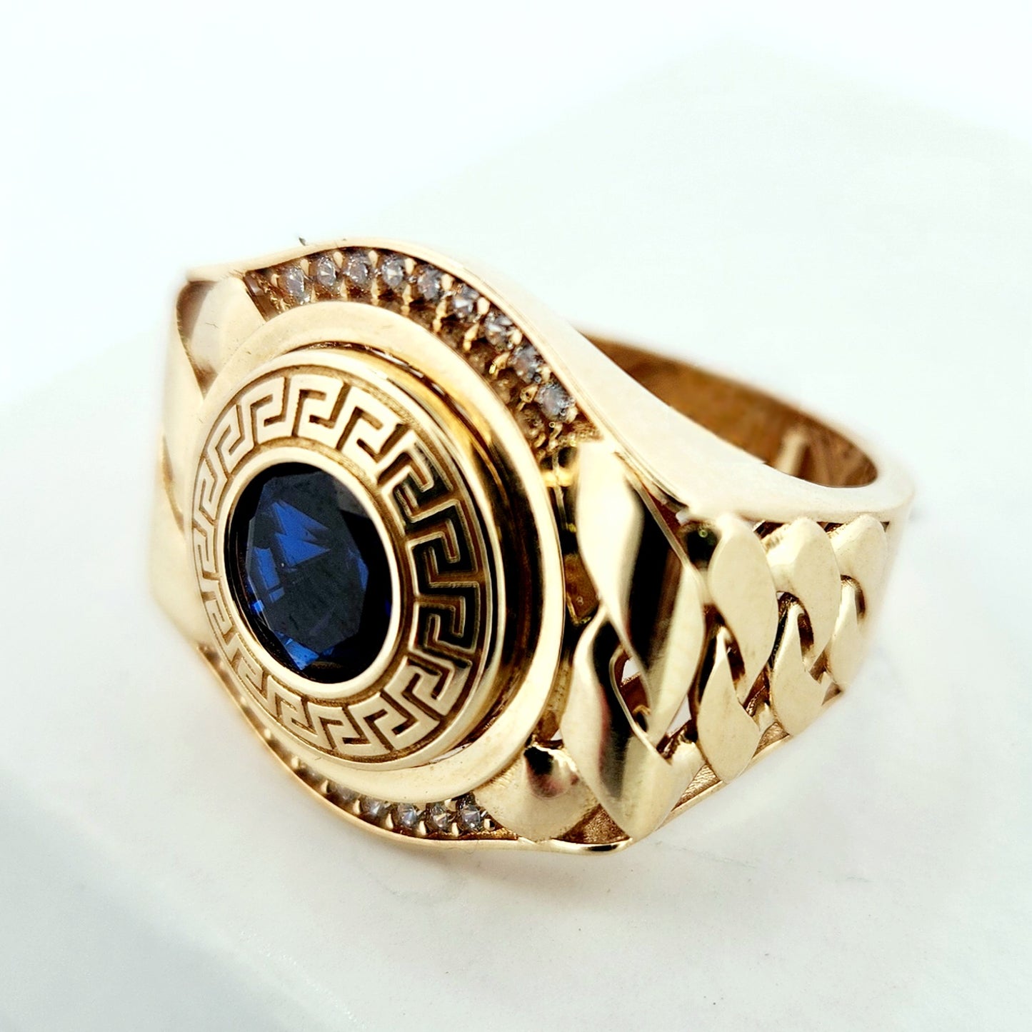 Man's 14k Circular blue stone versace ring