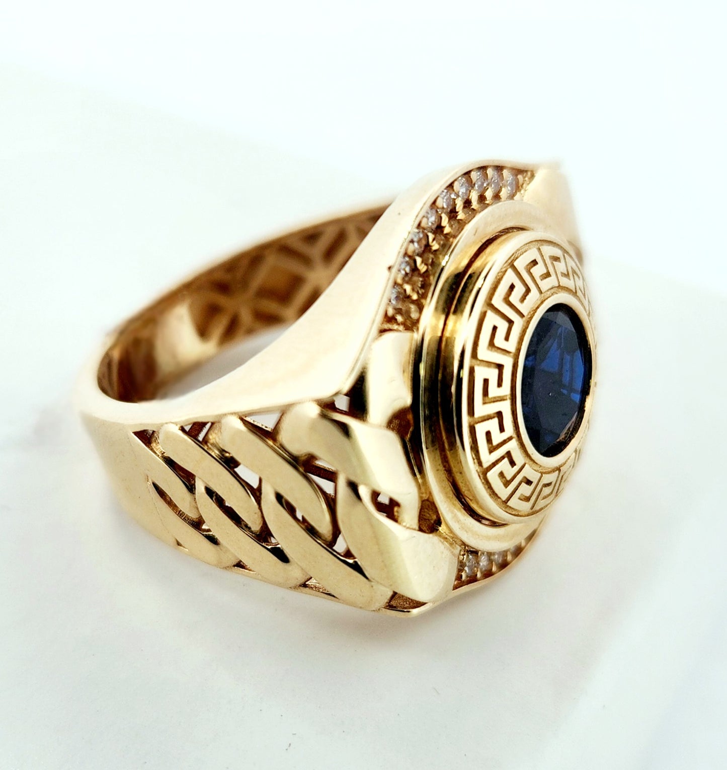 Man's 14k Circular blue stone versace ring