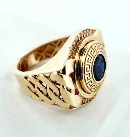 Man's 14k Circular blue stone versace ring