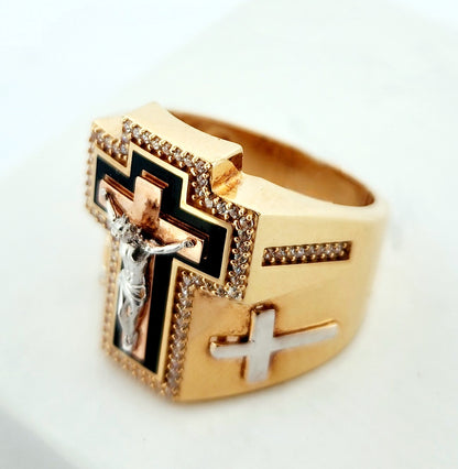 Man's 18k Jesus cross ring/zircon stones