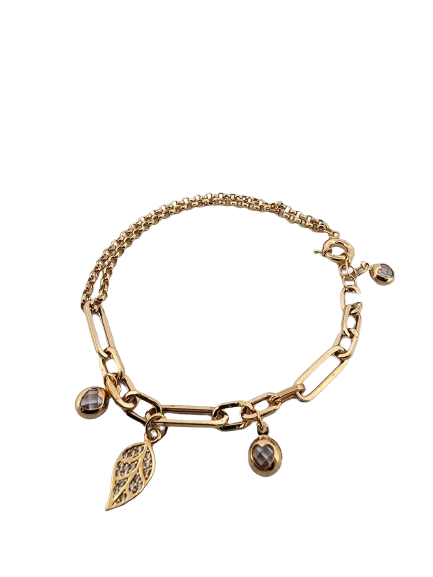 Lady/leaf bracelet with 18k paper clip charm.